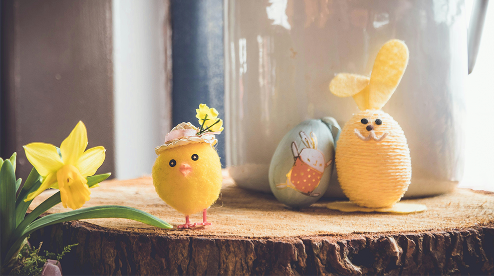 Easter eggs decorated into spring animals like chicks and bunnys